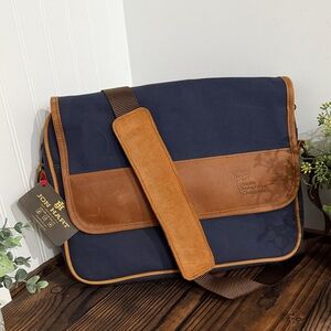 NWT Jon Hart Leather and Navy Canvas Men's Messenger Bag